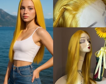 Peluca amarilla con frontal de encaje, cabello sintético liso, línea de cabello realista