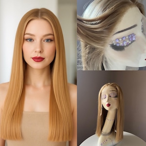 Golden blonde Lace Front Wig, 100% Premium Synthetic Fiber, Free Part, Silk Lace,  honey blonde wigs, straight, realistic hairline