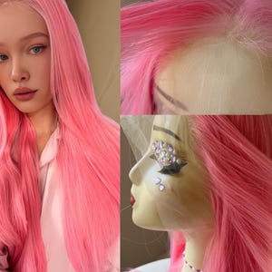Pink Lace Front Wig Long light , 100% Premium Synthetic Fiber, Free Part, Silk Lace,  champagne blonde wigs, straight, realistic hairline