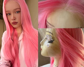 見事なピンクのヘアウィッグ | 13x4 | ブロンドのハイライト入りロング