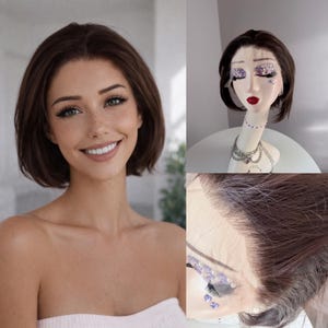 Dunkelbraune Bob-Perücke mit Lace Front, hitzebeständige Faser, handgebundener Haaransatz, natürliche Dichte, realistischer kurzer Schnitt, weicher Alltagsstil