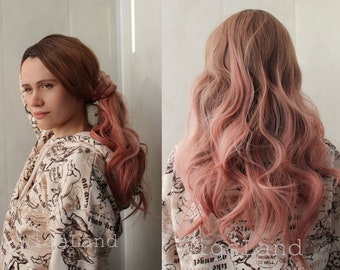 Pink Ombre Synthetic Wig, Natural Looking Hair Without Lace Front Long Wig Heat Resistant, Long Wavy Layered Ombre