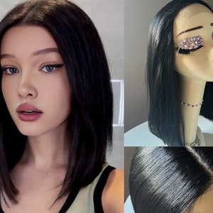 Short wig  Black /  straight hair wavy  Lace Front Wigs / Heat Resistant Luxury Lace Front Wig / Natural black Lace Front Wig Gift for Her.