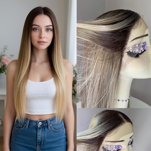 Blonde Ombre Lace Front Wig 28 Inch Long Synthetic Heat Resistant Fiber Wig for Women Cosplay Free Part Silk Lace Hairpiece
