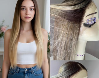 24" blonde pruik met ombre-kant, hittebestendig synthetisch haar