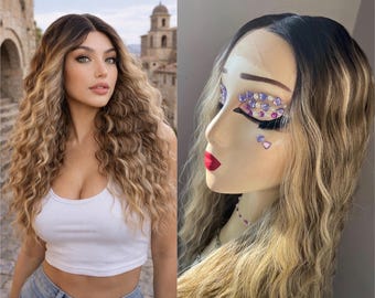 Luxury 20 Inch Ombre Blonde Wavy Lace Front Wig, Premium Heat Resistant Synthetic Hair, Natural Hairline, Soft Glam Waves