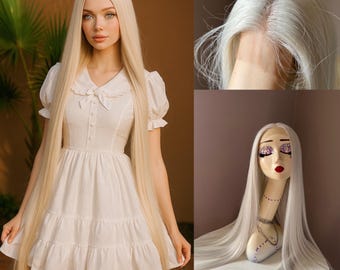 Peluca rubia platino de 38 pulgadas con frontal de encaje – Cabello sintético liso