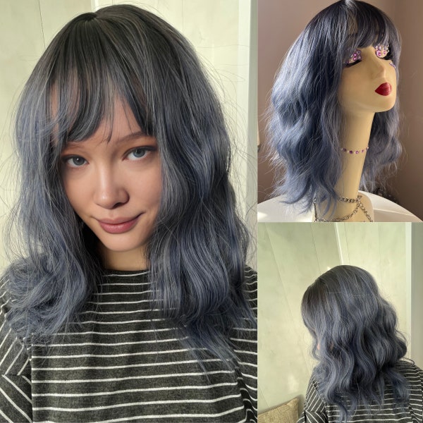 Women's Short Bob Synthetic Wigs: Wavy, Dark Blue with Bangs, Heat Resistant Fiber for Cosplay