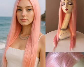Peluca frontal de encaje rubio fresa pastel: cabello sintético largo y liso