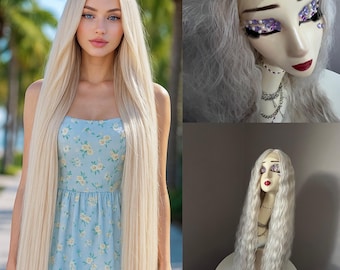 Peluca frontal de encaje rubio platino de 42 pulgadas: cabello sintético resistente al calor