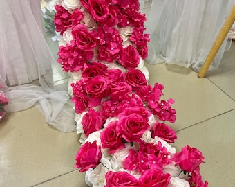 Hot Pink Rose Flower Garland,White Flower Runner,Wedding Flower Arch,Table Flower Row,Wedding Centerpieces,Wedding Arrangement For Table