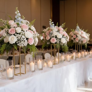 May include: Three tall gold metal stands topped with floral arrangements of light pink roses, white roses, and light blue delphiniums. The table is decorated with white fabric and multiple clear glass cylinder vases containing white pillar candles.