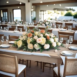 Mesa principal com flores para recepção, centro de mesa com flores para casamento, arranjo de flores champanhe, flores para mesa dos namorados, decoração para eventos de casamento