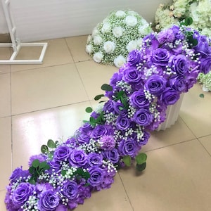 Purple Rose Baby Breaths Floral Garland,Purple Floral Garland,Swag Flower Arch,Wedding Arrrangement,Floral Flower Runner,Table Flower Runner