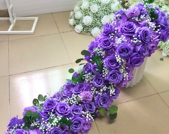 Purple Rose Baby Breaths Floral Garland,Purple Floral Garland,Swag Flower Arch,Wedding Arrrangement,Floral Flower Runner,Table Flower Runner