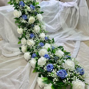 White Rose Baby Breath Flower Runner,Blue Rose Floral Garland,Table Flower Arrangement,Table Flower Runner,Wedding Kiss Flowers,Wedding Arch