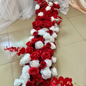 White Red Rose Flower Garland,Table Flower Runner,Wedding Floral Row,Wedding Arch Swag,Table Flower Centerpiece,Wedding Party Decor