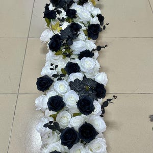 Flower Arch Garland,White Black Rose Flower Runner,Wedding Floral Row,Wedding Arch Swag,Wedding Flower Arrrangement,Table Flower Runner