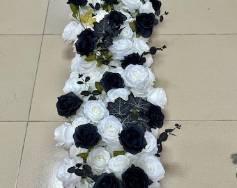 Flower Arch Garland,White Black Rose Flower Runner,Wedding Floral Row,Wedding Arch Swag,Wedding Flower Arrrangement,Table Flower Runner