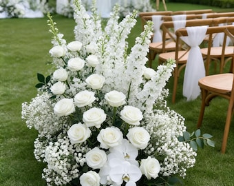 White Wedding Floor Flower Arrangement, Roses, Orchids, Baby's Breath Swag