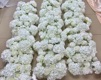 White Hydrangea Flower Garland,All White Flower Runner,Floral Row,Wedding Reception,Wedding Centerpieces,White Rose Wedding Stage Decor