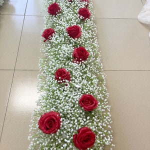 Red Rose Flower Runner,Baby Breath Flower Runner,Artificial Floral Row,Baby Breath Flower Arrrangement,Wedding Arch Flower,Table Runner