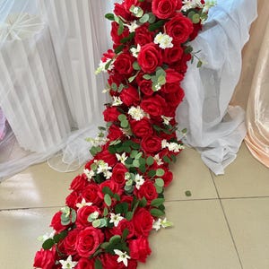 Greenery Red Rose Flower Runner,Wedding Aisle Flowers,Table Flowers Row,Wedding Reception,Table Flower Runner,Wedding Centerpiece
