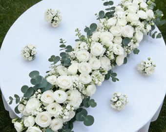 White Rose Flower Garland,White Wedding Flower Arch,White Florals Wedding Aisle Flower Arrangement