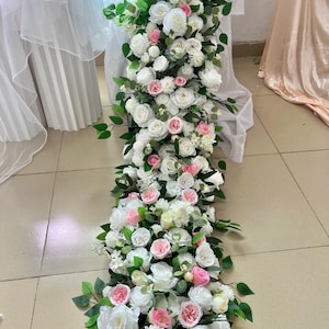 Pink Peony White Rose Flower Garland,Wedding Reception,Wedding Centerpieces,Table Flower Row Runner For Wedding Party/Bridal Shower Decor