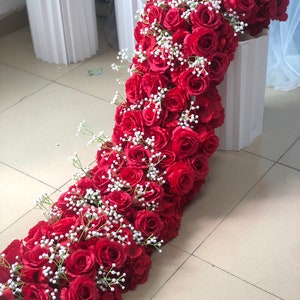 White Baby Breath Flower Runner,Red Rose Flower Garland,Wedding Arch Swag,Flower Arrrangement,Flowers Row,Flower Runner Centerpiece