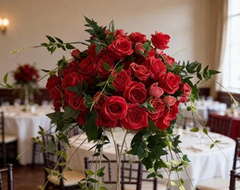 Centrotavola di fiori di seta con rose rosse, centrotavola per matrimonio, fiori personalizzati