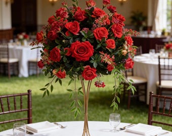 Centrotavola con rose rosse, pallina di fiori per tavolo da matrimonio