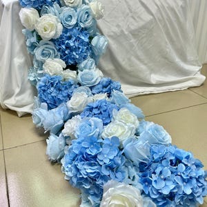 Light Blue White Rose Flower Runner,Full Hydrangea Rose Flower Garland,Table Flower Runner,Wedding Arch Swag,Wedding Arrangement