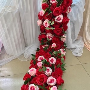 Red Pink Rose Flower Runner,Wedding Aisle Flowers,Table Flowers Row,Table White Runner,Wedding Centerpiece,Swag Flower Arch,Party Decor
