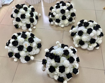 Black White Rose Flower Ball,Silk Flower Centerpieces,Black Party Table Centerpieces,Table Flower Arrangement,Wedding Table Centerpieces