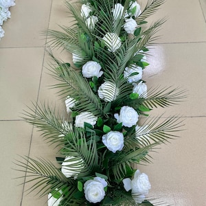 Tropical Leaf Flower Garland,White Rose Flower Runner,Wedding Floral Row,Wedding Arch Swag,Wedding Flower Arrrangement,Table Flower Runner