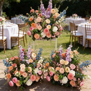 May include: A garden event scene with floral displays. The arrangements feature roses, delphiniums, and other flowers in pink, peach, white, and blue hues. The flowers are arranged in a tiered display and on the ground.