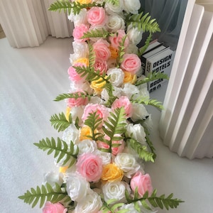 Yellow White Pink Rose Flower Runner,Greenery Floral Garland,Table Centerpiece Runner,Wedding Arch Swag,Staircase Flowers,Church Flower