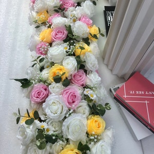 Yellow Pink White Rose Flower Garland,Wedding Arch Swag,Table Flower Runner,Wedding Flower  Arrrangement,Table Centerpiece Decor
