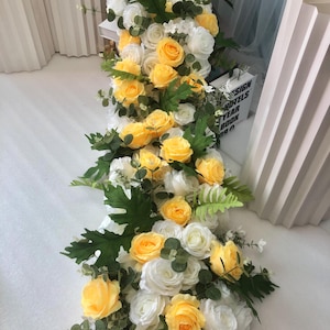 Greenery Yellow White Rose Flower Runner,Floral Garland Table Centerpiece Runner,Wedding Arch Swag,Wedding Flower,Staircase Flowers