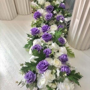 Wedding Floral Arrangement With Purple White Rose Flower Garland,Artificial Floral Garland Table Centerpiece Runner,Wedding Arch Swag