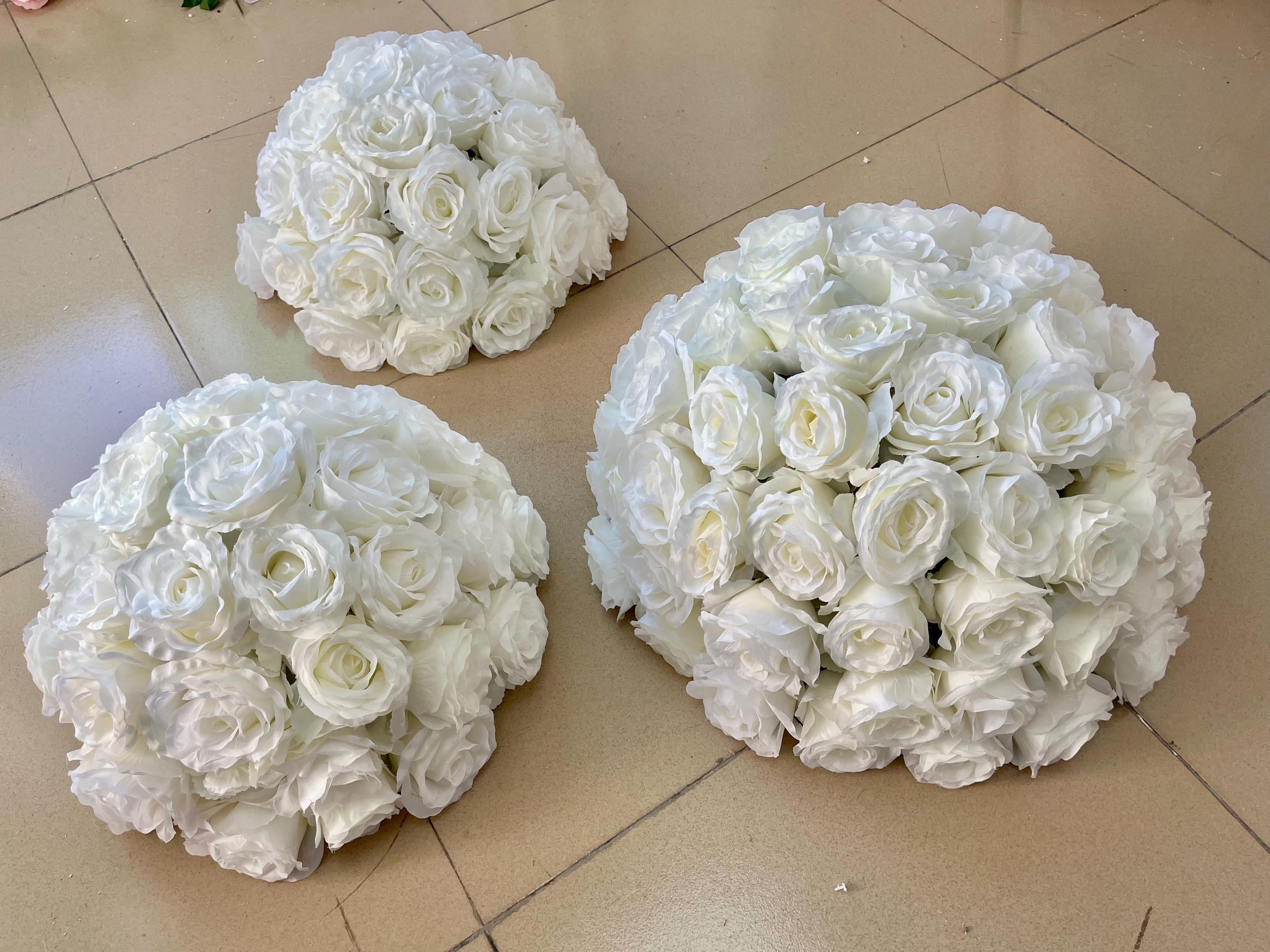10 Boules De Fleurs Artificielles Roses Et Blanches - Diamètre 24 Cm, Soie, Pour Décoration Mariage, Fête