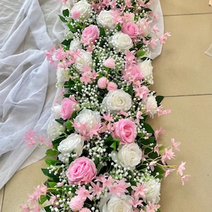 Pink Flower White Baby Breath Garland,Rose Floral Runner,Wedding Aisle Flower,Table Runner Arrangement,Wedding Arch Flower,Custom