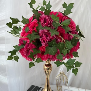 Greenery Pink Rose Flower Ball,Wedding Rose Table Centerpieces,Wedding Aisle Flower Ball,Hot Pink Flower Ball For Wedding Home Table Decor