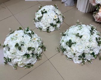 Baby&#39;s Breath White Rose Flower Ball,Silk Flower Centerpieces,White Flower Table Centerpieces,Table Flower Arrangement,Wedding Centerpieces