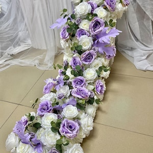 Greenery Artificial Rose Flower Garland,Purple White Flower Runner,Table Flower Runner,Wedding Arch Swag,Wedding Flower Centerpiece