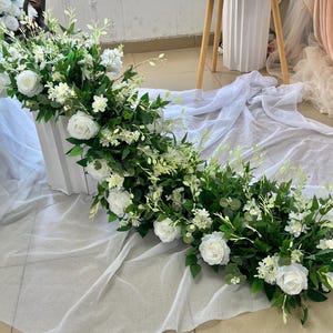Silk Floral Decorations,White Rose Green Leaf Garland,Rose Floral Runner,Wedding Aisle Flower,Wedding Table Arrangement,Wedding Arch Flower