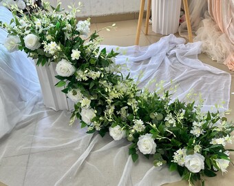 Silk White Rose Garland, Wedding Floral Runner