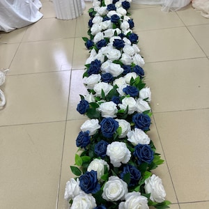 Dark Blue Flower Runner,White Peony Rose Flower Garland,Baby Breath Flower Runner,Silk Floral Row,Wedding Arrrangement,Table Flower Runner