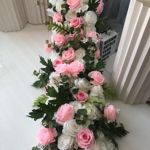 Greenery Pink White Rose Flower Runner,Floral Garland,Table Centerpiece Runner,Wedding Arch Swag,Staircase Flowers,Wedding Decoration